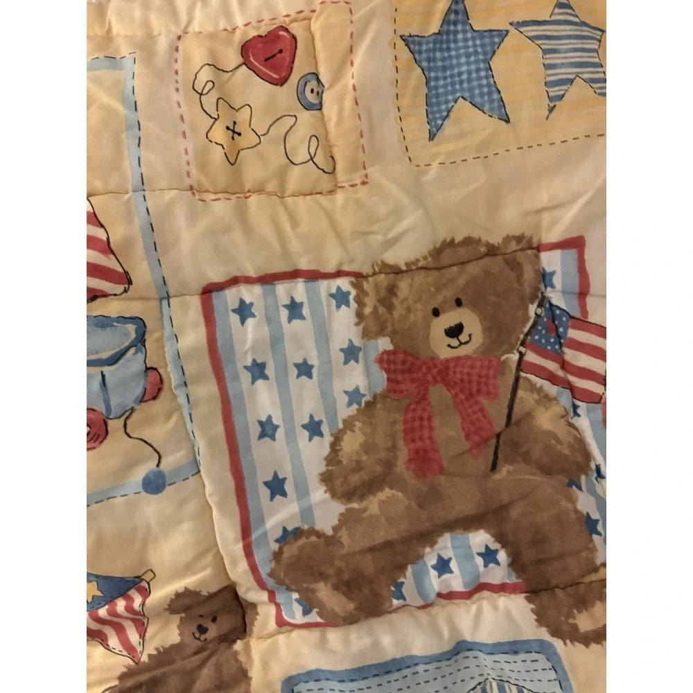 VTG Baby Crib Blanket Bears Flag Toys Blocks Hobby Horse Stars Blue Red Yellow